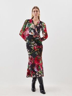Karen Millen Garden Floral Printed Georgette Woven Maxi Dress Moody Floral US 14